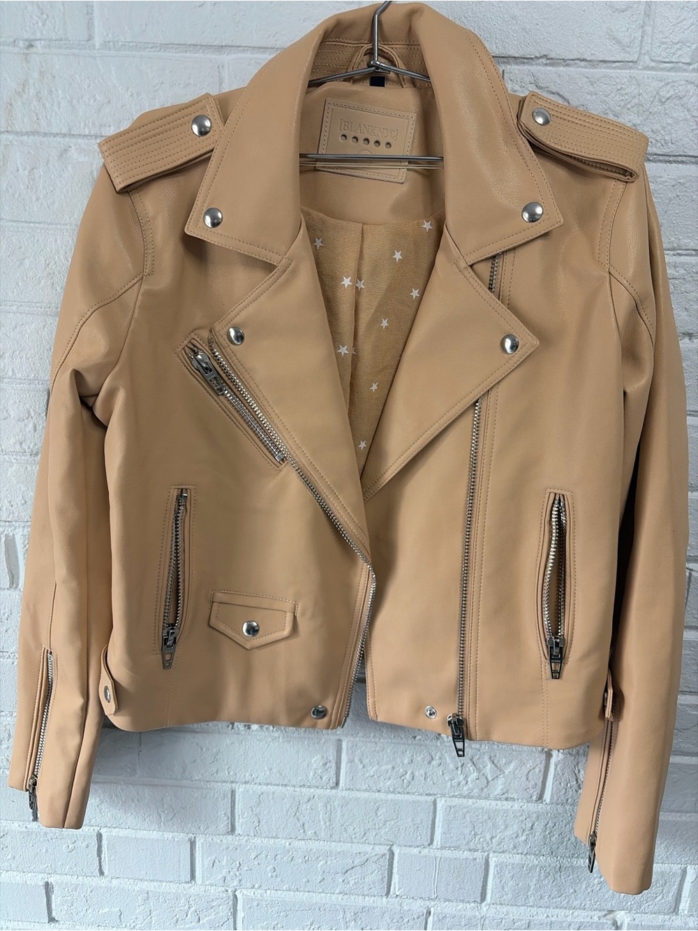 Blank NYC Beige/Tan Faux Moto Leather Jacket with Silver Hardware